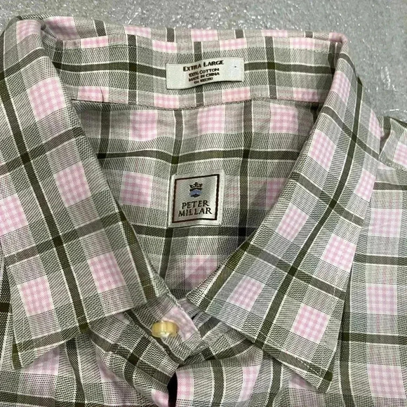 [XL]Peter Millar Gray Pink Plaid  Cotton Dress Shirt - Picture 7 of 10